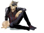 2017 anthro biped black_bottomwear black_clothing black_footwear black_pants black_shirt black_shoes black_t-shirt black_topwear bottomwear canid canine canis clothed clothing eye_patch eyewear footwear fur grey_body grey_fur hi_res inner_ear_fluff male mammal neck_tuft pants shadow shirt simple_background sitting sitting_on_ground solo t-shirt tan_body tan_fur topwear tuft whiskers white_background wolf yellow_eyes yoshi.kaoru