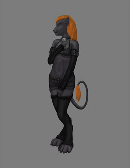 anthro bell bottomwear clothing collar eyewear female gaiters glasses grey_background shorts simple_background solo rimefox felid lion mammal pantherine hi_res