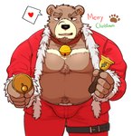 anthro belly black_nose bottomwear brown_body brown_fur bulge clothing costume fur heart_symbol humanoid_hands kemono male moobs overweight overweight_male pants santa_costume simple_background solo white_background hagom bear mammal 2023 absurd_res hi_res