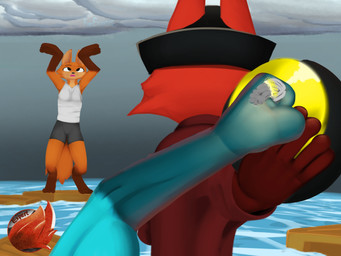 anthro blue_body blue_fur blue_skin bomb bottomwear cannonball clothing explosives female fight first_person_view funny_face fur fused group holding_bomb orange_body orange_fur orange_skin pirate_hat pirate_outfit red_body red_clothing red_fur red_skin sea shirt shorts standing_on_object tongue tongue_out topwear water white_clothing furexpert furgals canid canine fox mammal 4:3 hi_res