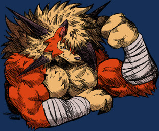 abs anthro barazoku biceps big_muscles big_pecs chest_tuft clothed clothing countershade_fur countershade_torso countershading dipstick_ears dog_tags dusk ear_markings facial_markings fangs fingers flexing flexing_bicep fluffy fluffy_tail front_view fur hair head_markings male male_anthro manly markings multicolored_body multicolored_ears multicolored_fur multicolored_hair muscular muscular_anthro muscular_male muscular_thighs neck_tuft obstructed_eyes open_mouth pecs pose sharp_teeth simple_background smile solo spiky_hair standing tail tan_background tan_body teeth text thick_arms topless tuft two_tone_body two_tone_fur white_body white_fur white_hair yellow_body yellow_fur jwbash nintendo pokemon pokemon_mystery_dungeon spike_chunsoft kyoto_rex canid canine dusk_lycanroc generation_7_pokemon lycanroc mammal pokemon_(species) alpha_channel hatching_(art) hi_res shaded