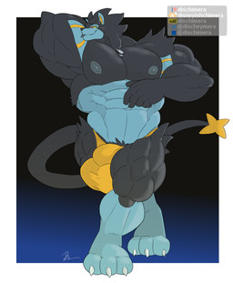 abs anthro balls biceps big_balls big_bulge big_muscles big_pecs bulge deltoids dog_tags genitals glowing glowing_eyes huge_muscles looking_at_viewer male muscular muscular_anthro muscular_arms muscular_legs muscular_male muscular_thighs navel nipples paws pecs pose presenting quads smug solo tail teasing teasing_viewer thick_arms thick_neck trapezius triceps conditional_dnp dischimera nintendo pokemon generation_4_pokemon luxray pokemon_(species) hi_res