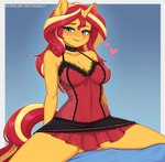 anthro biped blush butt butt_from_the_front clothed clothing eyebrows eyelashes female hair heart_symbol horn lingerie looking_at_viewer simple_background smile solo tail text twistedscarlett60 equestria_girls hasbro my_little_pony mythology sunset_shimmer_(eg) equid equine mammal mythological_creature mythological_equine unicorn 2025 digital_media_(artwork) hi_res url