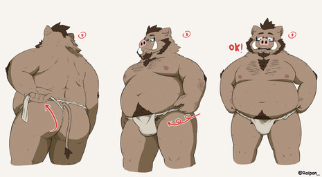 anthro asian_clothing belly big_belly biped brown_body bulge clothing east_asian_clothing eyewear fundoshi glasses humanoid_hands japanese_clothing kemono male moobs navel nipples open_mouth overweight overweight_male simple_background solo standing underwear white_clothing white_fundoshi white_underwear raipon mammal suid suine sus_(pig) wild_boar 2026 hi_res