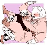 anthro belly black_nose blush bottomwear clothing duo ear_piercing ear_ring hat headgear headwear hoodie humanoid_hands male overweight pants piercing ring_piercing simple_background topwear nekokat42 one_piece bepo_(one_piece) trafalgar_law bear human mammal minkmen_(one_piece) polar_bear ursine 2023