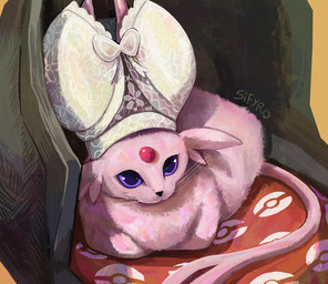 ambiguous_gender bra clothing cushion feral forehead_gem forked_tail fur gem humor loaf lying on_front pink_body pink_fur pokeball purple_eyes ribbons solo tail underwear unusual_anatomy unusual_tail blitzdrachin conditional_dnp nintendo pokemon eeveelution espeon felid feline generation_2_pokemon mammal pokemon_(species) cel_shading digital_media_(artwork) digital_painting_(artwork) meme painting_(artwork) shaded