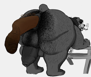 anthro anus backsack balls bent_over big_balls bodily_fluids body_hair breath butt_hair drooling excessive_feces eyes_closed feces foreskin furniture genital_fluids genitals hairy hyper hyper_feces male onomatopoeia overweight overweight_male penis picnic_table pooping precum pubes puffy_anus pushing_out saliva short_tail size_difference solo sound_effects table tail tears text thought_bubble tusks adrian_dough bear_(adriandough) bear mammal hi_res