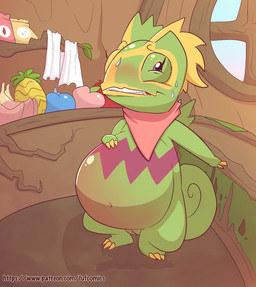 amniotic_fluid anthro belly big_belly biped bodily_fluids claws clenched_teeth curled_tail female finger_claws food fruit genital_fluids genitals green_body green_skin huge_belly humanoid_genitalia humanoid_vulva inside kerchief kerchief_only labor mostly_nude navel neckerchief neckerchief_only neckwear plant pokemon_berry pregnant pregnant_female solo standing sweat tail teeth toe_claws vulva water_breaking fuf nintendo pokemon generation_3_pokemon kecleon pokemon_(species) 2019 hi_res
