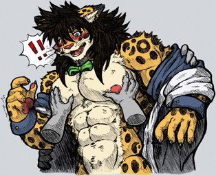 abs accessory anthro athletic barazoku bartender biceps big_muscles blonde_hair blue_eyes blush bow_ribbon bow_tie brown_body brown_fur chest_grab clothed clothing disembodied_hand fangs fur gloves hair hand_on_chest handwear heart_eyes heart_symbol heterochromia male manly markings multicolored_body multicolored_fur muscular muscular_anthro muscular_male navel nipples open_bottomwear open_clothing orange_eyes pawpads paws pec_grab pecs pink_nipples pink_nose solo spots standing tan_body tan_fur teeth text topless undressing undressing_another vein whiskers jwbash felid feline jaguar mammal pantherine absurd_res hatching_(art) hi_res shaded