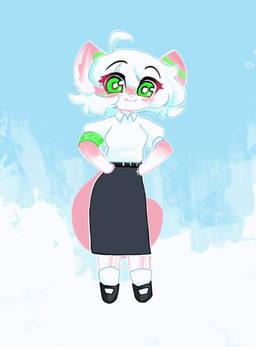 :3 andromorph antennae_(anatomy) anthro armband blush bottomwear clothed clothing dancing female footwear green_eyes hair hip_sway intersex multicolored_body pink_body school_uniform short_hair skirt socks solo swaying two_tone_body uniform white_hair the_cherringham catherina_campbell felid feline mammal animated hi_res huge_filesize long_playtime sound video