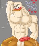 abs anthro balls beak beard blush bodily_fluids facial_hair feathers genital_fluids genitals hand_behind_back hand_behind_head looking_at_viewer male muscular muscular_anthro muscular_male nipples pecs penis precum simple_background solo klr-rio disney ducktales ducktales_(2017) zeus_(ducktales) anatid anseriform avian bird duck digital_media_(artwork) hi_res