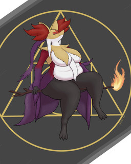 3_toes anthro belly big_breasts biped breasts elemental_manipulation feet female female_anthro fire fire_manipulation fur looking_at_viewer mature_female multicolored_body multicolored_fur overweight pokemorph sitting solo thick_thighs toes harker_(artist) nintendo pokemon canid canine delphox fox generation_6_pokemon mammal pokemon_(species) absurd_res hi_res