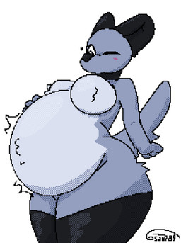 anthro belly big_belly big_breasts big_tail blush breasts choker clothing featureless_breasts featureless_crotch female hand_on_belly heart_symbol huge_belly huge_hips huge_thighs jewelry latex latex_clothing latex_legwear latex_thigh_highs legwear mouthless necklace one_eye_closed overweight overweight_anthro overweight_female pose simple_background solo tail thick_thighs thigh_highs wide_hips 6saw789 canid canine canis mammal wolf 2024 digital_media_(artwork) dithering hi_res pinup pixel_(artwork) shaded signature upscale