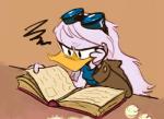 annoyed anthro book clothed clothing eyewear eyewear_on_head female goggles goggles_on_head hair long_hair reading solo white_hair verdetempera disney ducktales ducktales_(2017) della_duck anatid anseriform avian bird duck