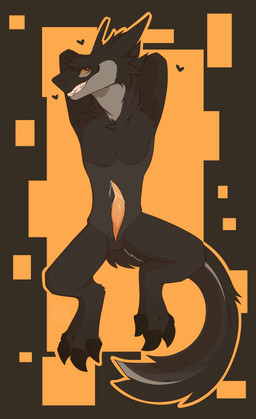 animal_genitalia anthro black_body bodily_fluids cum fluffy fur genital_fluids genital_slit genitals grey_body grey_fur male male/male orange_eyes orange_penis penis slim solo tapering_penis white_body white_fur dogbytestudios sergal absurd_res hi_res