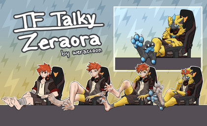 anklet anthro bottomwear chair clothed clothing desk electronics eye_scar facial_hair facial_scar feet foot_focus furniture gaming_chair goatee hair headphones headphones_around_neck hoodie human_to_anthro jewelry male mid_transformation orange_eyes pawpads paws red_hair scar shirt shorts species_transformation table topwear transformation transformation_sequence white_body white_skin wereraccoon_(artist) nintendo pokemon zgf_gaming ra'zim generation_7_pokemon human legendary_pokemon mammal pokemon_(species) zeraora 2026 hi_res