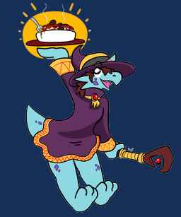 ambiguous_gender anthro bottomwear clothed clothing cutlery food fork hat headgear headwear horn kitchen_utensils pasta skirt solo spaghetti staff tail tail_under_skirt tools witch_hat trout_(artist) kobold reptile scalie 5:6 absurd_res alpha_channel hi_res