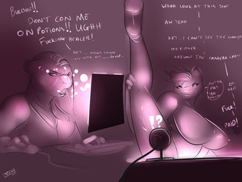 anthro big_breasts breasts camera computer electronics female hypnosis interrobang mind_control nipples prostitution raised_leg solo text webcam neph felid mammal 4:3 english_text