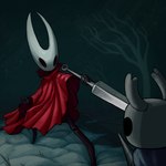 2_horns ambiguous_gender biped black_body black_eyes cloak clothing fingers holding_melee_weapon holding_object holding_weapon horn looking_at_another melee_weapon pose red_cloak red_clothing solo standing weapon white_head pikefish hollow_knight team_cherry hornet_(hollow_knight) the_knight_(hollow_knight) arthropod vessel_(species) 1:1 2025 digital_media_(artwork) hi_res female_(lore)