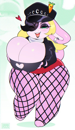 anthro big_breasts black_eyeshadow black_lips blonde_hair blush breasts chibi cleavage clothed clothing ear_piercing ear_ring eyeshadow female fishnet_clothing fishnet_legwear green_eyes hair hair_over_eye heart_symbol huge_breasts legwear lips long_hair looking_at_viewer makeup one_eye_obstructed open_mouth piercing ring_piercing smile solo chromapan lagomorph mammal 2023 hi_res
