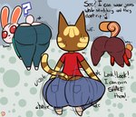 animal_crossing anthro big_butt bottomwear bubble_butt butt butt_cleavage butt_focus clothing crouching denim denim_bottomwear denim_clothing domestic_cat english_text felid feline felis female group hazel_(animal_crossing) hi_res jeans katt_(animal_crossing) klutzatdusk lagomorph leporid looking_at_viewer looking_back mammal nintendo pants question_mark rabbit rodent ruby_(animal_crossing) sciurid short_stack size_difference text thick_thighs tight_clothing tree_squirrel trio twerking wide_hips