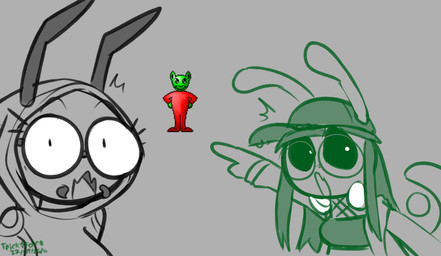 antennae_(anatomy) baseball_cap clothing crop_top electronics gesture group hand_gesture hat headgear headphones headphones_around_neck headwear hoodie looking_at_viewer mandibles open_mouth pointing pointing_at_another shirt shitpost smile surprised topwear trio felino moon_child_(game) two_soyjaks_pointing dj_ampie_(felino) moon_child_(moon_child) phoebe_(felino) alien arthropod beetle cucujoid insect ladybug 2026 meme sketch