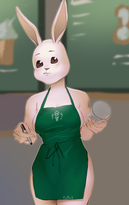 anthro apron apron_only big_breasts breasts brown_eyes clothing container cup female front_view fur green_apron green_clothing holding_container holding_cup holding_marker holding_object humanoid_hands inside looking_at_viewer marker solo thick_thighs white_body white_fur wide_hips pulred beastars i_mean_breast_milk haru_(beastars) lagomorph leporid mammal rabbit hi_res meme