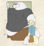 anthro belly belly_overhang belly_peeking_out belly_rolls big_belly black_sclera blush clothed clothing cross-popping_vein duo fat_arms fat_rolls fluffy fur huge_belly huge_thighs ill_fitting_clothing male moobs morbidly_obese morbidly_obese_male obese obese_male onomatopoeia overweight overweight_male red_eyes size_difference sound_effects stuck stuck_in_door stuckage text thick_thighs white_body white_fur harukaroto dreamworks puss_in_boots_(franchise) death_(puss_in_boots) haru_(haru_karoto) canid canine canis fox mammal wolf absurd_res hi_res