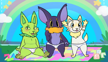 anthro arms_above_head block blue_eyes blush bulge clothed clothing cloud decoration fur green_body green_eyes green_fur group hands_on_ground long_ears male multicolored_body multicolored_fur neck_tuft orange_body orange_fur purple_body purple_fur rainbow sitting standing star toy trio tuft two_tone_body two_tone_fur underwear underwear_only wall_(structure) white_clothing white_underwear yellow_body yellow_eyes yellow_fur young young_anthro clawzetto loomian_legacy roblox bat caracal caracal_(genus) felid feline fevine loomian mammal mustelid musteline stoat true_musteline vambat weasel weevolt digital_media_(artwork) hi_res