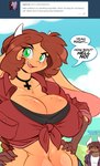 2016 anthro big_breasts bovid bovine breasts brown_body brown_fur brown_hair cattle chalo clothed clothing duo english_text female fur green_eyes hair hi_res horn huge_breasts las_lindas long_hair looking_at_viewer male mammal midriff minos mora_linda muscular navel open_mouth smile standing text tumblr user_avatar