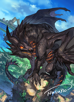 2_horns ambiguous_gender black_body claws cloud detailed_background feral horn hunched_over long_neck long_tail markings membrane_(anatomy) membranous_wings muscular muscular_feral neck_spikes no_sclera open_mouth orange_eyes orange_markings outside rock sea sharp_teeth sky skyscape solo spiked_tail spikes spikes_(anatomy) tail tapering_tail teeth water wing_claws wings nasuno_posi european_mythology mythology dragon mythological_creature mythological_scalie scalie western_dragon 2026 digital_media_(artwork) digital_painting_(artwork) english_description full-length_portrait hi_res japanese_description painting_(artwork) portrait shaded signature