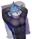 abs anthro biceps blue_body blue_eyes blue_fur clothing fur hair looking_at_viewer male multicolored_body multicolored_fur muscular muscular_male nipple_outline pecs pose shirt simple_background solo spandex spandex_clothing standing tight_clothing topwear two_tone_body two_tone_fur asleepchef yakumo_(asleepchef) canid canine canis domestic_dog hybrid mammal wolf absurd_res hi_res