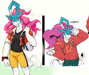 5_fingers anthro anthrofied black_clothing black_topwear blue_body bottomwear clothed clothing collarbone fingers fist fully_clothed gesture hair hand_gesture hoodie jacket looking_at_viewer male pink_hair pokemorph red_clothing red_eyes red_topwear shirt shorts smile solo teeth topwear v_sign white_arms white_body white_fingers white_hands white_legs white_neck dahecksajerry nintendo pokemon gen_(dahecksajerry) generation_2_pokemon legendary_pokemon pokemon_(species) suicune hi_res