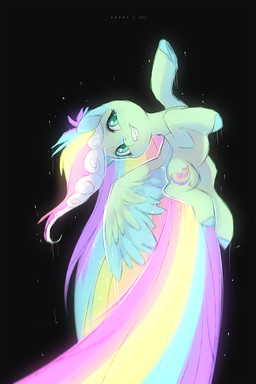 black_background blue_hooves cutie_mark eyelashes feathered_wings feathers female feral flying glowing glowing_hair glowing_tail green_body green_eyes hair hooves multicolored_hair multicolored_tail nude simple_background solo tail teeth wings azzai hasbro my_little_pony mythology fan_character equid equine mammal mythological_creature mythological_equine pegasus 2022 2:3 colored colored_sketch digital_drawing_(artwork) digital_media_(artwork) shaded sketch