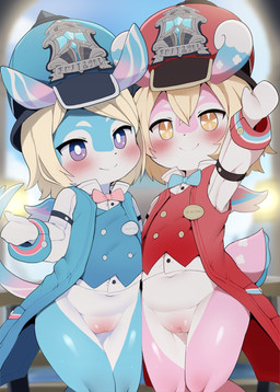 anthro big_vulva blue_body blush clothing duo female front_view genitals hair hat headgear headwear loli looking_at_viewer pink_body smile tail vulva young young_anthro young_female dagasi genshin_impact mihoyo aeval_(genshin_impact) elphane_(genshin_impact) melusine_(genshin_impact) 2024 digital_media_(artwork) hi_res