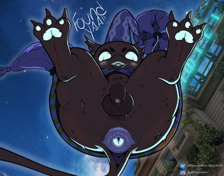 3_toes aged_up anthro anus balls barefoot beak big_anus big_butt biped black_balls black_beak black_body black_fur black_penis black_tail blue_eyes blue_pawpads blue_tongue blush bottomless bottomless_anthro bottomless_male butt claws clothed clothed_anthro clothed_male clothing darkened_balls darkened_genitalia darkened_penis feet flaccid foreskin fur genitals glowing hat headgear headwear hindpaw humanoid_genitalia humanoid_penis looking_at_viewer looking_down looking_down_at_viewer low-angle_view male male_anthro nightcap open_beak open_clothing open_mouth open_topwear pajamas pattern_clothing pattern_hat pattern_headgear pattern_headwear pawpads paws penis perineum puffy_anus purple_anus purple_clothing purple_hat purple_headwear purple_pajamas purple_topwear semi-anthro smile solo tail text thick_thighs toe_claws toes tongue topwear unretracted_foreskin wide_hips worm's-eye_view softpandabear deadlock_(game) mythology valve valve_corporation rem_(deadlock) avian bat bird chimera dream_creature gryphon mammal mythological_avian mythological_creature owl 2026 absurd_res digital_media_(artwork) english_text hi_res