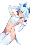 big_butt blue_eyes blush butt claws clothed clothing femboy hair horn looking_at_viewer male partially_clothed small_waist smile solo spade_tail tail white_hair official_caelum vtuber caelum_vt demon humanoid hi_res