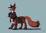 blue_background clothing hat headgear headwear looking_at_viewer male melee_weapon simple_background solo sword weapon zarakon nintendo pokemon generation_8_pokemon pokemon_(species) pokemon_taur taur thievul