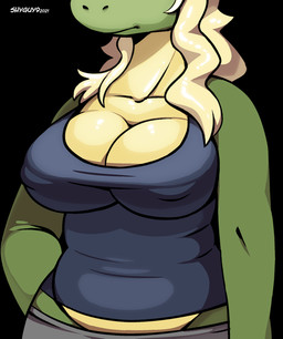 anthro big_breasts black_background blonde_hair blue_clothing blue_topwear bottomwear breasts clothed clothed_anthro clothed_female clothing female green_body green_scales grey_bottomwear grey_clothing grey_pants hair long_hair nipple_outline non-mammal_breasts obscured_face pants scales simple_background slightly_chubby slightly_chubby_anthro slightly_chubby_female solo text topwear wide_hips yellow_body yellow_scales shyguy9 mythology sophie_(shyguy9) dragon mythological_creature mythological_scalie scalie 2021 artist_name dated hi_res