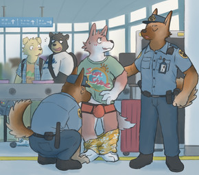airport airport_security anthro blush blush_lines bottomwear bottomwear_down briefs brown_body brown_fur bulge clothed clothing eyes_closed fur group kemono looking_at_another male male/male multicolored_body multicolored_fur partially_clothed pointy_ears shirt shorts shorts_down sniffing sniffing_clothes t-shirt tan_body tan_fur topwear two_tone_body two_tone_fur underwear underwear_sniffing uniform white_body white_fur yellow_body yellow_fur djwolf_(artist) bear black_bear canid canine canis domestic_dog german_shepherd herding_dog mammal pastoral_dog ursine hi_res
