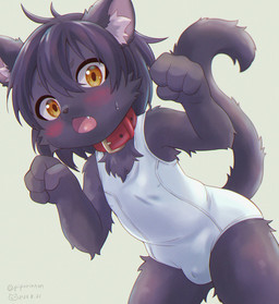 4_fingers anthro black_body black_fur black_hair blush brown_eyes bulge chest_tuft clothed clothing collar crossdressing cute_fangs detailed_bulge fangs fingers fur grey_background hair inner_ear_fluff kemono leaning male one-piece_swimsuit open_mouth paw_pose pose red_collar school_swimsuit shota simple_background solo swimwear teeth tight_clothing tuft young young_anthro piporinton domestic_cat felid feline felis mammal 2022 dated hi_res