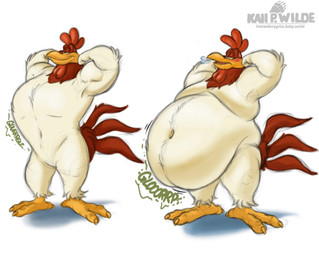 anthro beak before_and_after belly belly_overhang big_belly blush breath brown_body brown_feathers claws feathers feet flexing gurgle_(sound_effect) half-closed_eyes huge_belly male musclegut muscular muscular_male narrowed_eyes navel onomatopoeia overweight overweight_male rumbling_stomach smile solo sound_effects sucking_in_gut tail tail_feathers talons text toes toony white_body white_feathers husky2paws looney_tunes warner_brothers foghorn_leghorn avian bird chicken galliform phasianid 2026 hi_res signature