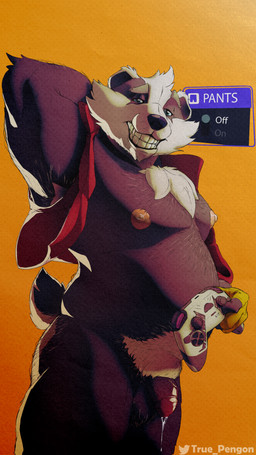 4_fingers 4_toes 5_fingers anthro armpit_hair belly belly_hair biceps big_belly big_butt big_nipples biped black_body black_fur bodily_fluids body_hair bottomless butt butt_hair chest_hair clothed clothing controller cum elderly enjoying eyebrows facial_hair fangs feet fingers flaccid foreskin from_front_position fur genital_fluids genitals hair half-closed_eyes huge_butt leaking_cum leg_grab light light_body looking_at_viewer looking_pleasured lustful_gaze male manly mature_anthro mature_male moobs multicolored_body multicolored_fur musclegut muscular muscular_male narrowed_eyes nipples overweight overweight_anthro overweight_bottom overweight_male overweight_sub penis plantigrade pubes romantic simple_background slightly_chubby smile solo tail teeth text thick_tail thick_thighs tight_foreskin toes topwear topwear_only two_tone_body two_tone_fur vest vest_only white_body white_fur white_light wide_hips true_pengon bradley_the_badger_(game) bradley_(bradley_the_badger) badger mammal mustelid musteline 4k 9:16 absurd_res digital_media_(artwork) hi_res widescreen