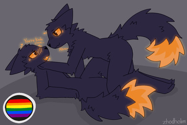 anthro black_body black_eyes black_fur black_nose blush blush_lines cat_smile cheek_tuft chest_tuft closed_smile cute_fangs dialogue dipstick_tail duo ears_back facial_tuft fangs flag fur grey_background hand_under_chin head_tuft heart_symbol hearts_around_head lgbt_pride looking_at_another lying male male/male markings mouth_closed neck_tuft open_mouth open_smile orange_body orange_fur orange_sclera orange_text pivoted_ears pride_colors rainbow_flag rainbow_pride_flag rainbow_symbol simple_background smile tail tail_markings teeth text tuft zhodholm casualties:_unknown expie_(gunsawian) gunsawian 2026 artist_name english_text hi_res