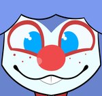 ambiguous_gender anthro blue_body blue_eyes blue_fur blue_hair buckteeth close-up clown clown_makeup clown_nose freckles fur hair looking_at_viewer red_nose smile solo teeth sleepysheepy17 flopsy_(sleepysheepy17) lagomorph leporid mammal rabbit 2023 adobe_photoshop_(artwork) digital_drawing_(artwork) digital_media_(artwork) flat_colors headshot_portrait portrait