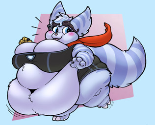 anthro belly belly_overhang big_belly big_breasts blep blue_body blue_eyes blue_fur blush breasts claws cybernetic_arm cybernetic_limb ear_piercing eyewear eyewear_on_head female fluffy fluffy_tail fur goggles goggles_on_head huge_belly huge_breasts markings morbidly_obese morbidly_obese_anthro morbidly_obese_female motion_lines navel obese obese_anthro obese_female overweight overweight_anthro overweight_female piercing ring_piercing scarf solo striped_body striped_fur striped_markings striped_tail stripes tail tail_markings tongue tongue_out white_body white_fur sleepylilaliens ratchet_and_clank sony_corporation sony_interactive_entertainment rivet_(ratchet_and_clank) lombax mammal