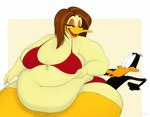 anthro bedroom_eyes belly_overhang belly_rolls bikini clothing duo fat_rolls female grabbing_belly male male/female morbidly_obese morbidly_obese_female narrowed_eyes obese obese_female overweight overweight_female seductive simple_background sitting_on_another swimwear two-piece_swimsuit puhba looney_tunes the_looney_tunes_show warner_brothers daffy_duck tina_russo anatid anseriform avian bird duck 2024 absurd_res hi_res