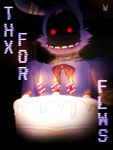 anthro bandage bandaged_arm bandaged_ear bow_tie cake candle celebration dessert faceless_character fire food fur machine male purple_body purple_fur solo teeth text hornbunxx five_nights_at_freddy's five_nights_at_freddy's_2 scottgames withered_bonnie_(fnaf) animatronic lagomorph leporid mammal rabbit robot 2020 digital_drawing_(artwork) digital_media_(artwork) hi_res watermark