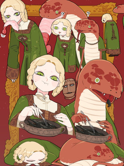 5_fingers anthro arms_bent blank_expression blonde_hair bodily_fluids bowl braided_hair cape cape_only claws clothed clothing coiled_up container contiguous_snout cute_fangs cutlery dress earless eating embroidery eyes_closed fangs female fingernails fingers food food_bowl food_in_mouth footwear fork forked_tongue green_cape green_clothing green_dress green_eyes grey_claws hair head_on_hands head_on_lap holding_fork hunched_over kitchen_utensils long_body long_neck mask mostly_nude multiple_forms multiple_poses nails nervous nervous_sweat nude on_lap open_mouth pet_bowl picture_frame pose pupils question_mark rear_view red_background red_body red_scales scales seafood sharp_teeth shoes short_legs simple_background sleeping slit_pupils snout solo sweat sweatdrop tan_body teeth tongue tongue_out tools ventral_scales wide_crotch 1n7mm elden_ring fromsoftware zorayas zorayas_(human_form) arthropod crustacean human legged_snake mammal manserpent reptile scalie snake 2024 colored digital_drawing_(artwork) digital_media_(artwork) flat_colors hi_res line_art