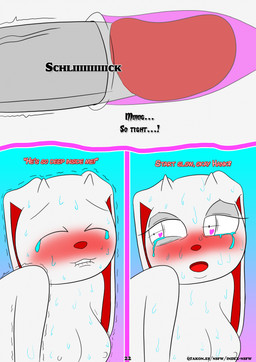 anthro bite biting_lip biting_own_lip blush bodily_fluids breasts dialogue doll duo erection female female_penetrated floppy_ears fur genitals grey_body heart_eyes heart_symbol inner_monologue looking_away male male/female male_penetrating male_penetrating_female nipples nude open_mouth penetration penile penile_penetration penis penis_in_vagina red_inner_ear self_bite sex shaking solo_focus spread_legs spreading sweat tears teeth_showing text thinking tongue trembling vaginal vaginal_penetration vein veiny_penis vulva white_body white_fur otakon_(artist) 2spot_studio bloody_bunny_(series) madness_combat bloody_bunny hank_j._wimbleton animate_inanimate lagomorph leporid living_doll mammal rabbit comic digital_media_(artwork) english_text hi_res